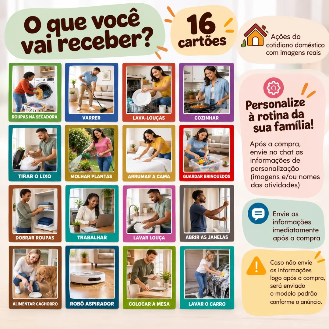 Cards Visuais de Afazeres Domésticos 16 Cartões de Rotina Infantil Personalizáveis — foto 4
