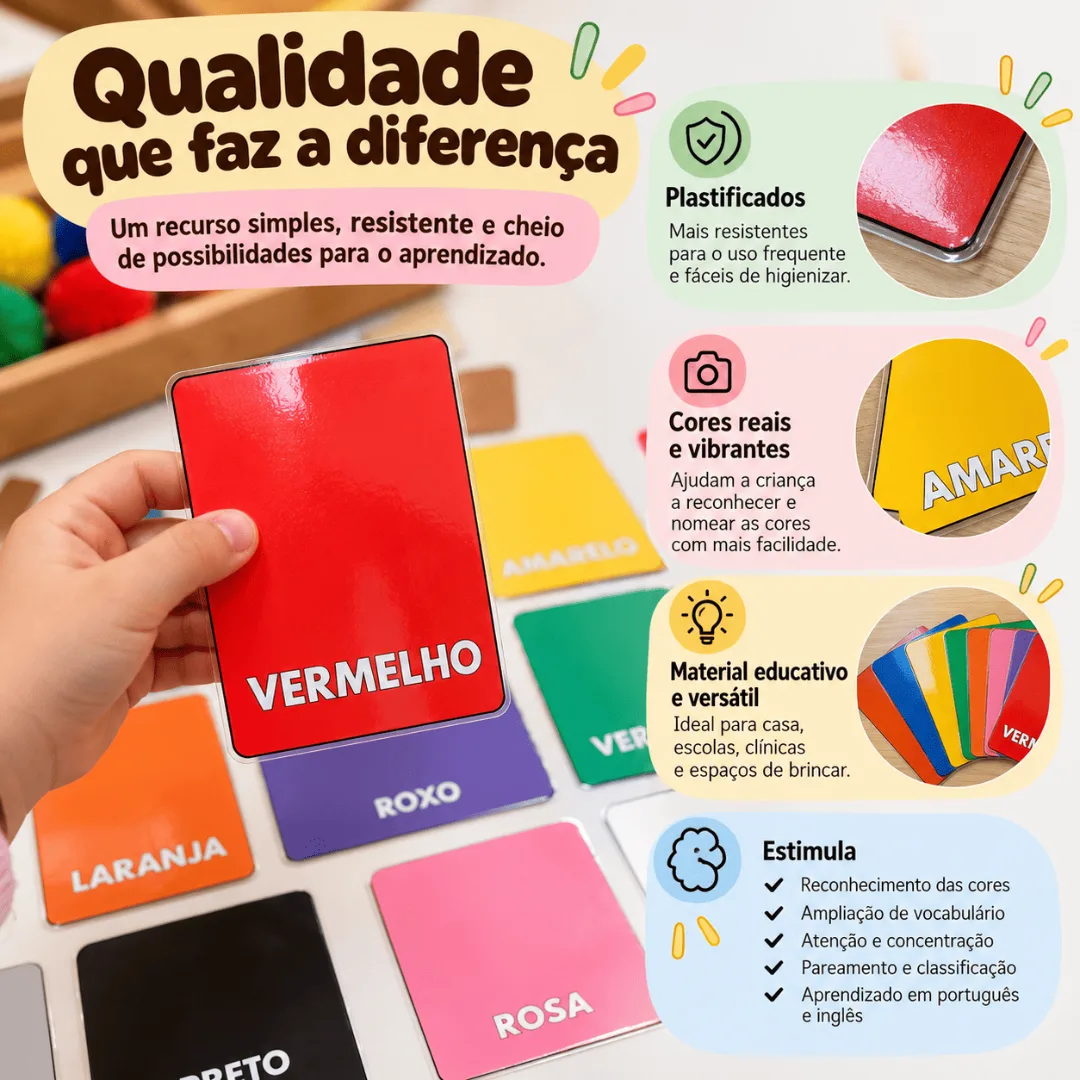 Cards de Cores Bilíngues 24 Cartões Plastificados Português e Inglês Recurso Pedagógico — foto 2