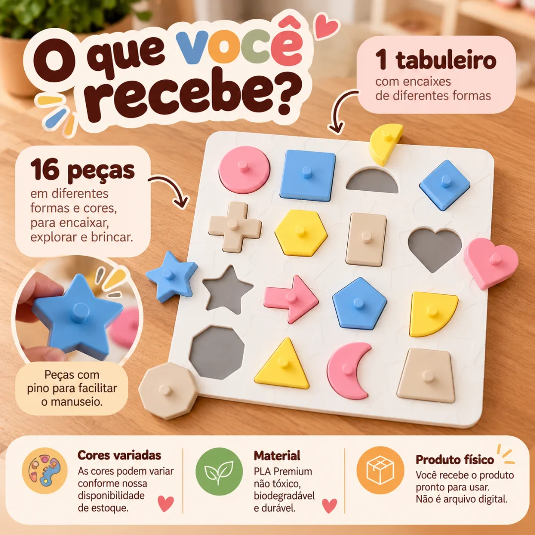 Quebra-Cabeça de Formas 16 Peças – Brinquedo Educativo Montessori Coordenação Motora — foto 4