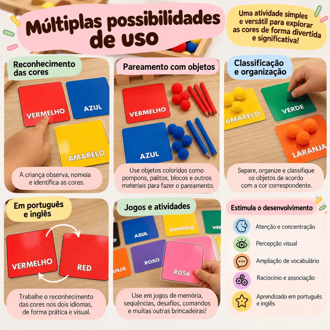 Cards de Cores Bilíngues 24 Cartões Plastificados Português e Inglês Recurso Pedagógico — foto 3