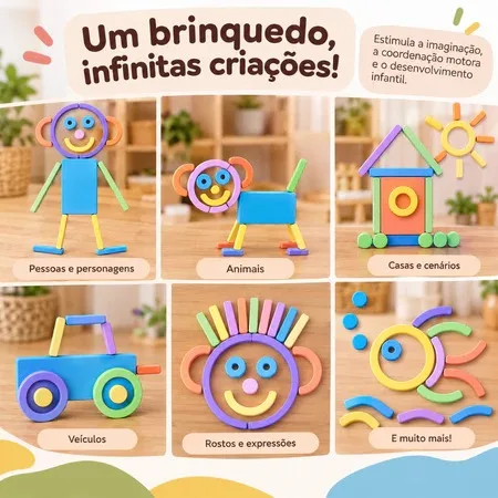 Brinquedo Educativo Monte e Imagine 52 Peças – Criatividade Coordenação Motora Recurso Pedagógico — foto 2