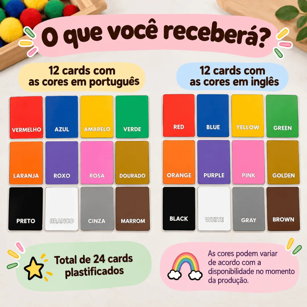 Cards de Cores Bilíngues 24 Cartões Plastificados Português e Inglês Recurso Pedagógico — foto 4