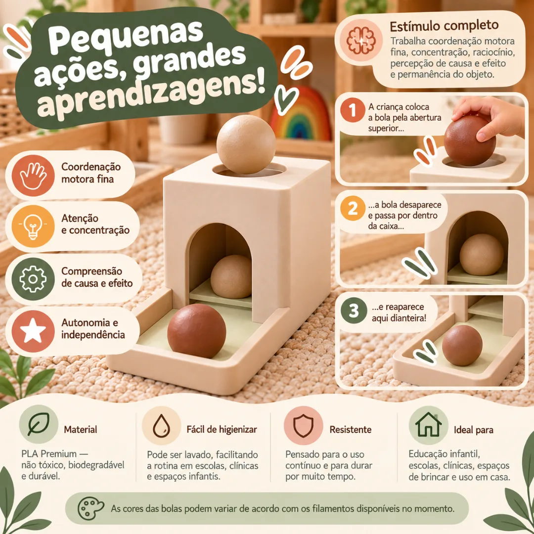 Caixa de Permanência Montessori com 3 Bolas – Brinquedo Educativo Coordenação Motora Recurso Pedagógico — foto 3